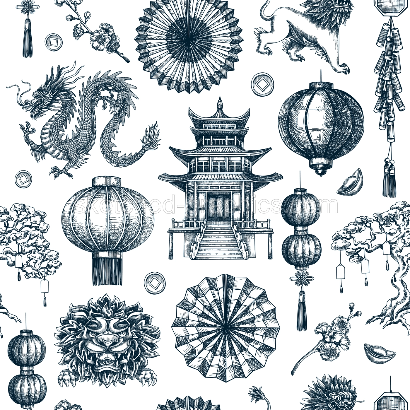 Traditional China seamless pattern. Chinese New Year dbackground. Hand-drawn vector illustrations. NOT AI generated Illustration